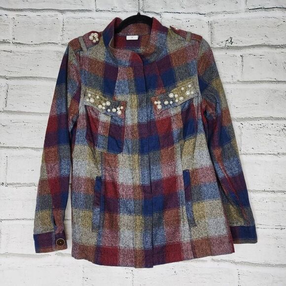 Cabi Pearl Embellished Full Zip Plaid Collage Jacket Multicolor Size Medium - Picture 1 of 15